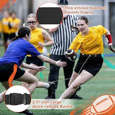 Flag Football Belts, Ajustable Flag for Flag Football, Teal and Orange Flags with Black Belt and Blue and Yellow Flags with White Belt Bundle 28 Players