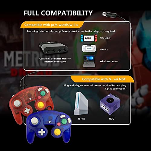 Image of FIOTOK Gamecube Controller, Classic Wired Controller for Wii Nintendo Gamecube (Clear Red & Clear Blue -2Pack)