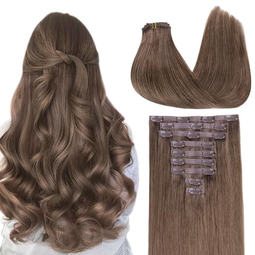Image of GOO GOO Clip in Hair Extensions Real Human Hair, Remy Human Hair Extensions Clip ins for Women, Natural Human Hair, 14inch 130g 9Pcs, 5 Light Ash Brown