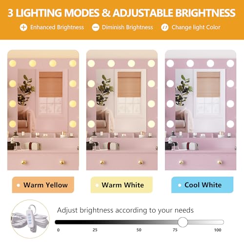 Image of Wodeer Makeup Vanity Desk with Mirror and Lights, 43 inch Pink Vanity Set with 3 Drawers, Power Outlet & Adjustable RGB LED Lights, Dressing Table with Storage Shelf for Women & Girls Bedroom