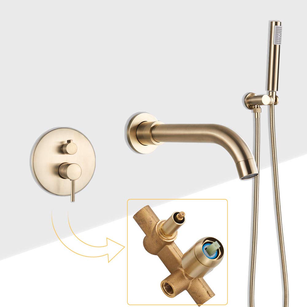 Yniyujkl Brushed Gold A Brushed Gold Bathtub Faucet Wall Mounted Bathroom Tub Mixer Tap Rotate Spout Plastic Hand Shower Head-Brushed Gold B,