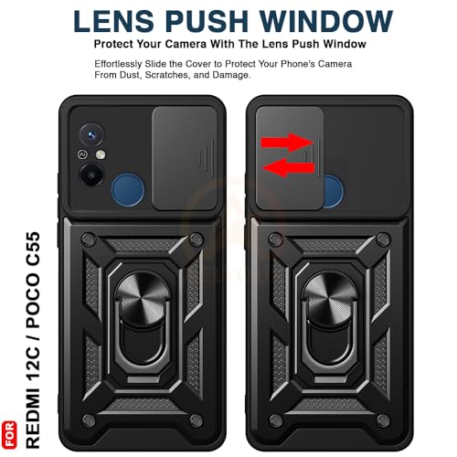 Image of Armor Bumper Back Cover Case for Redmi 12C / Poco C55 Rotating Camera Cover, Ring Holder & Kickstand | Heavy Duty & 360 Degree Protection Redmi 12C / Poco C55 Back Cover (Black)