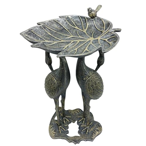 Image of Oakland Living Cast Aluminum 30-in Twin Crane Silver Gold Bird Bath with Leaf Bowl