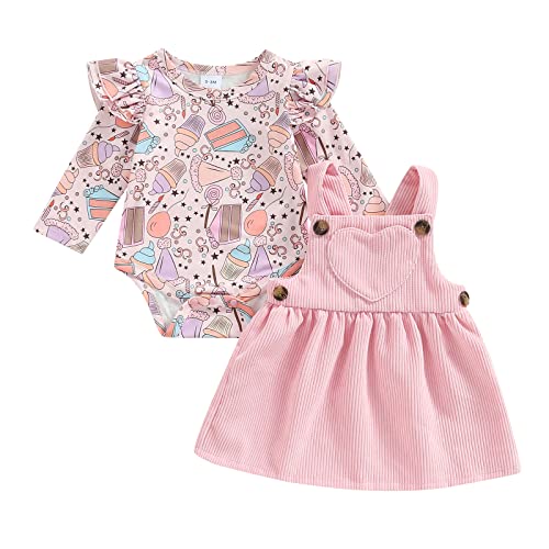 Newborn Baby Girl Clothes Ruffle Floral Long Sleeve Romper Top Heart Suspender Skirt Set Infant Girls Overall Dress (Light Pink Ice Cream,9-12 Months)