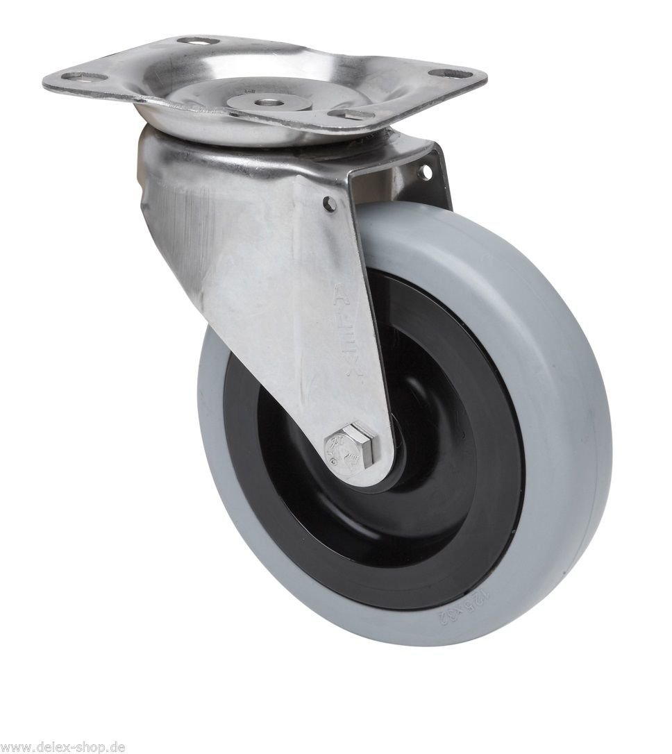 Satz je 2 Transportgeräterolle Bockrolle Lenkrolle Edelstahl 125 mm Rad Gummibereifung grau spurlos Anschraubplatte V2A INOX Edelstahlrolle Polyamidrad Gummi Gummibereifung