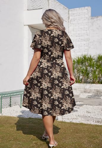 Image of Women's Plus Size Summer Dresses V Neck Ruffle Short Sleeve Casual Wrap A Line Midi Dress with Pockets
