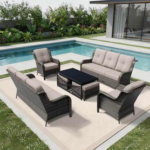 Image of Joyside 7 Piece Wicker Patio Furniture Set, Rattan Patio Chairs with High Back, Deep Seating, Wide Armrest, Thickened Cushions, Outdoor Furniture for Deck, Porch Use