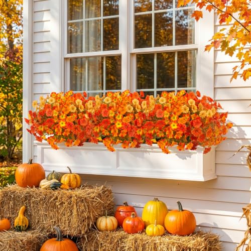 Image of Bassion Artificial Fall Flowers for Outdoor Decoration, 12 Pcs Fake Petunia | Realistic, silk flowers, faux morning glory, UV resistant, autumn garden front door porch patio yard planter home decorations