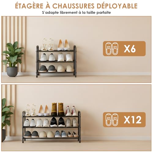 Étagère à Chaussures 3 Niveaux, Rangement Chaussure Extensible, Meuble a Chaussure Métal Réglable de 45 à 80 cm, pour Entrée, Couloir, Garage, Placard, Noir – Image 6