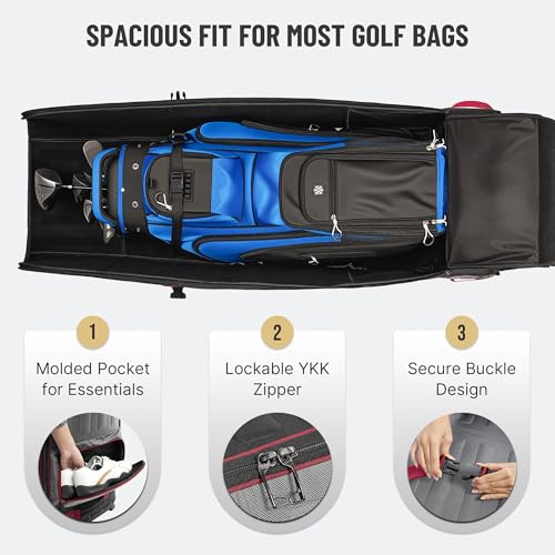 Image of Golf Travel Bag Foldable, 1680D Oxford Fabric Padded Protect Golf Clubs | Molded Storage Pocket Durable Hard Base with 6 Wheels Travel Golf Case for Airlines Easy to Maneuver