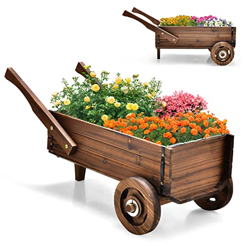 RELAX4LIFE Brouette 2 Roues en Bois, Pots de Fleurs avec Trou de Drainage 2 Poignées, 81 x 40 x 38,5 cm, Décoration de Jardin pour Jardin Patio Balcon Salon