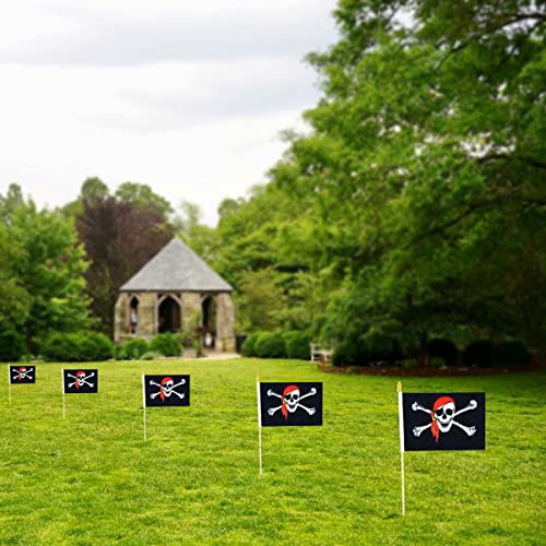 Qqsd Pirate Jolly Roger Small Flag With Red Bandana Stick Mini Hand Held Flags - Solid Wooden Pole With Spear Top (12 Pack) #TOP5
