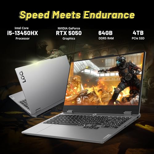 Image of Lenovo LOQ 15.6 inch FHD 144Hz Gaming Laptop, Intel i5-13450HX, NVIDIA GeForce RTX 5050 8GB GDDR7, 64GB DDR5, 5TB Storage (4TB SSD +1TB Docking Station), Backlit Keyboard, Copilot, Wi-Fi 6, Win 11, Gray
