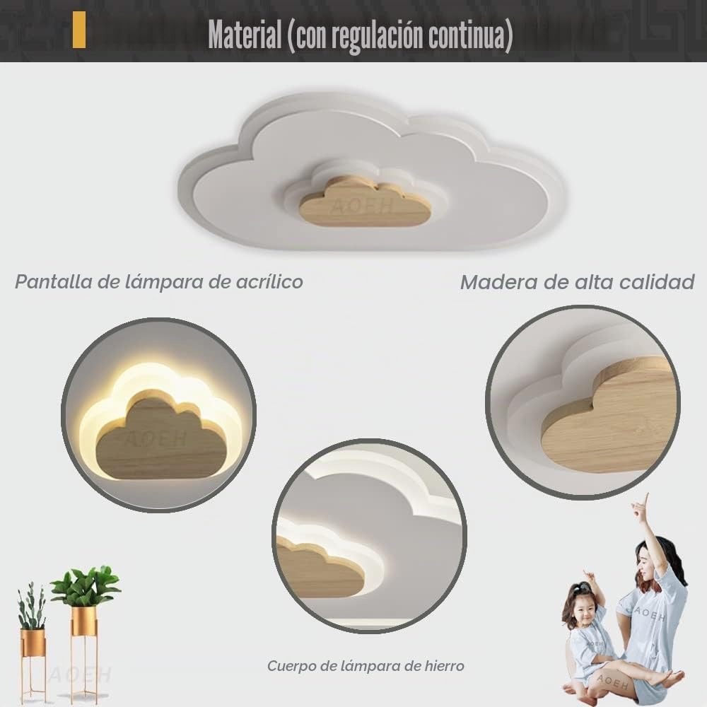 Lámpara de techo LED moderna para niños, salón, habitación de los niños, lámpara de techo nubes, lámpara de techo de madera, con función de luz nocturna, dormitorio