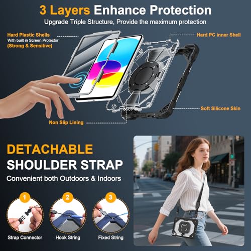Image of Case for iPad (A16) 11th Generation 11 Inch 2025, Ubearkk for iPad 10th Generation 10.9 inch 2022 case with Screen Protector 360 Degree Rotating Stand Shoulder Strap Pencil Holder, Black Clear