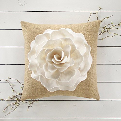 Burlap Flower Pillow, Rustic Pillow, Flower Pillow, Throw