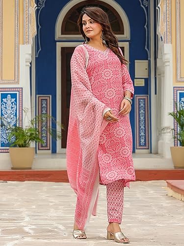 Image of GoSriKi Women's Cotton Blend Straight Printed Kurta with Pant & Dupatta