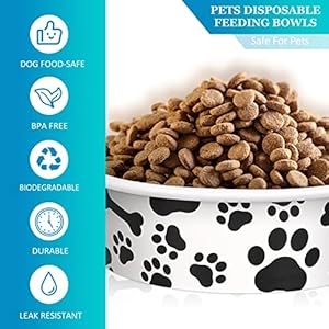 Whaline 50pcs pets disposable feeding bowls 16 oz 2 cup black white cute design paper dog bowls bulk bone and paw pattern pets travel bowls serving water food tray for puppy kitten small dogs cats   cucciolini doodles