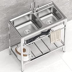 Mueble Fregadero Conforama Fregadero de pie al aire libre de doble tazón de acero inoxidable con grifo, estante de almacenamiento portátil para cocina, restaurante, garaje, lavandería, 80 cm de largo x 45 cm de ancho x 85 cm de
