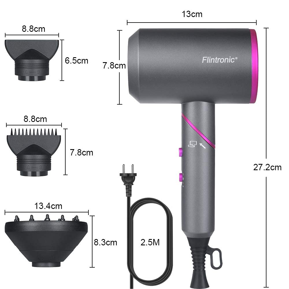 Flintronic 2000W Potente Asciugacapelli, Phon per Capelli, Professionale Ioni Con Maniglia pieghevole, 3 Di Temperatura, Pulsante Di Raffreddamento Indipendente(3 Diffusore e 3 pettini)