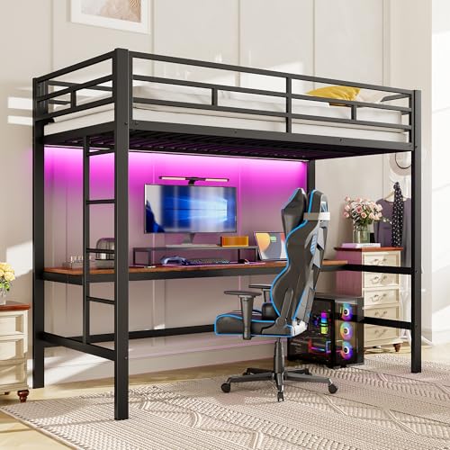 Jaxenor Litera de 90 x 200 cm, con barandilla de seguridad y escalera, cama alta con escritorio, mesa con USB y enchufe, tira de control de cable, sin colchón, color negro