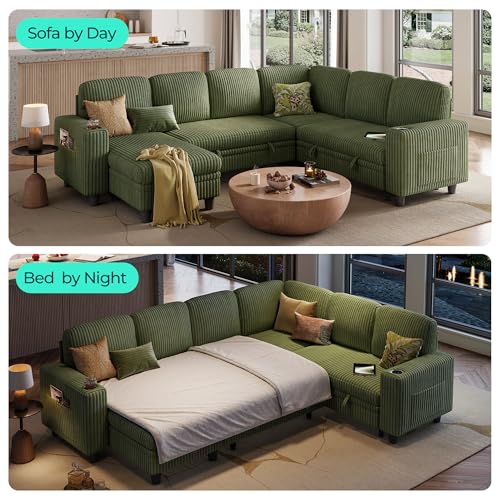 Image of LINSY HOME Sectional Sleeper Sofa Pull Out Couches for Living Room (Green, Sleeper Sofa 4) | Pull Out Sofa Bed, Storage, USB Charging, Cup Holders, Plush Corduroy | Pull Out Sofa Bed