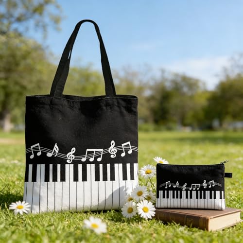 Bolso tote de lona con diseño de teclas de piano y notas musicales, con bolsa complementaria – Conjunto reutilizable para amantes de la música, accesorios de almacenamiento para profesores, negro y blanco miniatura 4