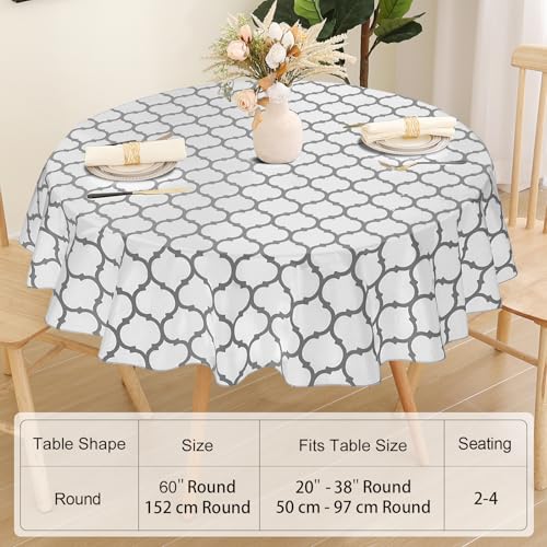 Image of Smiry Round Table Cloth, Flannel Backed Vinyl Tablecloth, 60 inch Round | Waterproof Plastic Tablecloths, Wipeable Table Cover for Dining, Indoor and Outdoor (White)