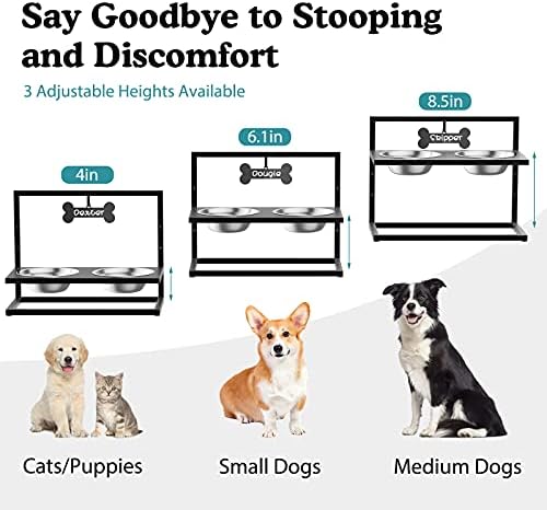 Pawaboo Elevated Dog Bowls 3 Heights Adjustable, Non Skidding Metal Frame Raise Pet Feeder Bowls for Dog and Cat, Stainless Steel Food and Water Bowls with A Name Tags and 2 Markers - Black