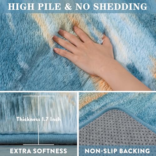 Fluffy Rugs for Living Room, 6x9 Feet Abstract Blue Large Shag Area Rugs for Bedroom, Non-Slip Indoor Modern Fuzzy Plush Floor Carpet for Dorm Nursery Kids Room Decor, Soft Shaggy Throw Rug