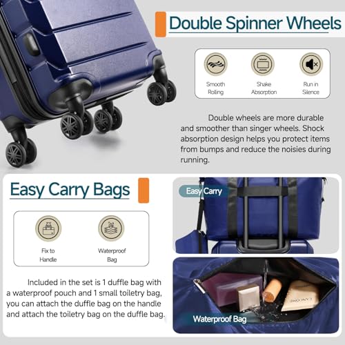 Image of Hoteel Luggage Sets 3 Piece, 4-Yr Warranty, PC+ABS Suitcases with Wheels and Side Hook, Hardshell 20 inch Luggage with Duffel Bag Travel Bag, Dark Blue
