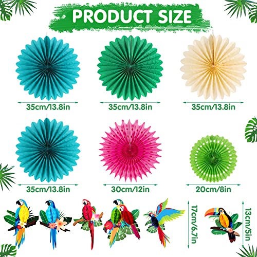 Image of Paper Jazz Tropical Parrot Party Decorations Hawaii Luau Hanging Paper Fans | Green Teal Color, Jungle /Tiki /Hawaii Birthday Decoration Includes 12Pcs Fans & Poms For Beach Summer Party, Luau Theme Party