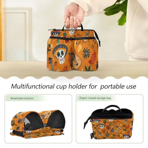 Image of Luggage Cup Holder for Suitcases Free Hands Suitcase Cup Holder Travel Luggage Drink Holder Portable Luggage Cup Caddy Bag Carrier with Handle Day of The Dead Orange Skull Cacti Guitar