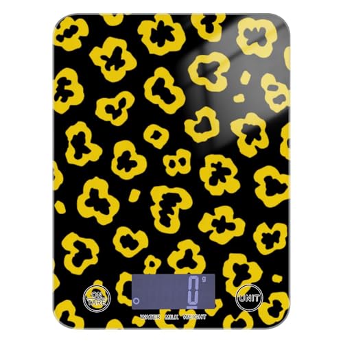 Báscula portátil de alimentos con patrón de leopardo amarillo brillante negro para dieta de 11 libras/2 onzas, báscula digital pequeña de cocina de 5 kg/5 g con 4 unidades para asar especias y cocinar