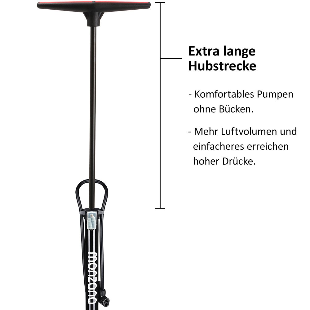 monzana Stand pompa aria con manometer| 7 – 12 Bar | Nero/Argento | extra lungo 60 – 100 cm tubo | incluso adattatore Set professionale | pompa aria bicicletta pneumatici auto auto aria materasso [Modello scelta]