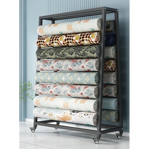 Commercial Fabric Roll Display Rack with Adjustable Hanging Rod & Brakeable Wheels, Movable Heavy Duty Steel Organizer Holder for Vinyl Spool/Leather Roll/Window Film/Wallpaper(10 rods,200x50x200cm)