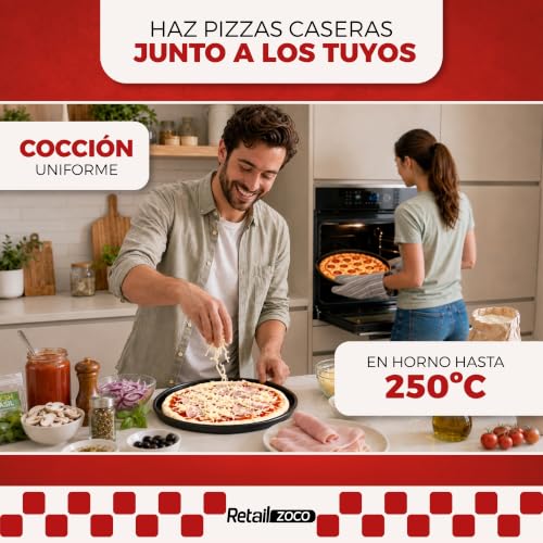 Miniatura 5 de Chefzoco Bandeja Pizza Horno, Bandeja Para Hornear Pizza, Soporte Piza Antiadherente, Molde Para Pizza, Acero Al Carbono, Resiste Temperaturas De Hasta 230 , Redonda, Base Lisa, Diámetro 35 Cm