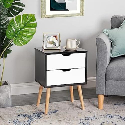 Image of Brown Art SHOPPEE 2-Drawer End Side Table with Drawer and Solid Wood Legs, Bedside Table for Bedrooms, Mid-Century Modern Drawer Storage Cabinet for Bedroom & Furniture (Black & White)