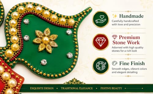 Image of Designer Decorative Handmade Acrylic Rangoli, Paan Design with Pearl and Floral Embellishments, Red and Green, Multi-Colour (R Paan 001) Floor and Wall Decor, Diwali Festive Decoration