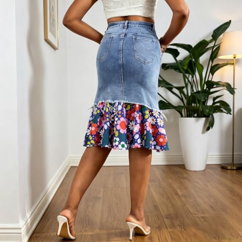 Jupe patchwork en denim imprimée à coupe asymétrique haute couture - 3