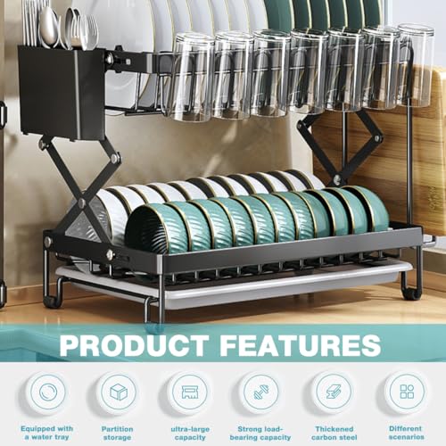 Image of HASTHIP Kitchen Dish Rack Double Layer Carbon Steel Drain Rack Cup Holder for Countertop - Multifunctional Kitchen Dish Drying Wire with Utensil Storage & Chopping Board Holder,Size 40x28x31