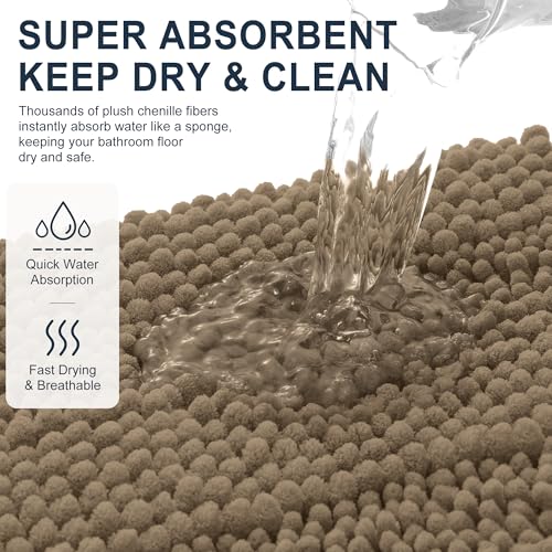 Image of Smiry Thick Small Chenille Bathroom Rugs 24x16, Extra Soft Absorbent Striped Bath Mat, Machine Washable, Rubber Backing, Bath Rugs for Bathroom, Tub & Shower, Modern Home Decor Accessories, Tan