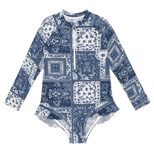 Blue Paisley Girls Long Sleeve Swimsuit UPF 50+ Rashguard Swimwear One Piece Bathing Suit for 3-12 21217881