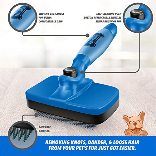 Ruff 'N Ruffus Self-Cleaning Slicker Brush With NO- Pain Bristles Upgraded Gel Handle Gently Removes Loose Undercoat & Tangled Hair For Cats & Dogs Reduces Shedding by 95% + Pet Nail Clipper & Comb
