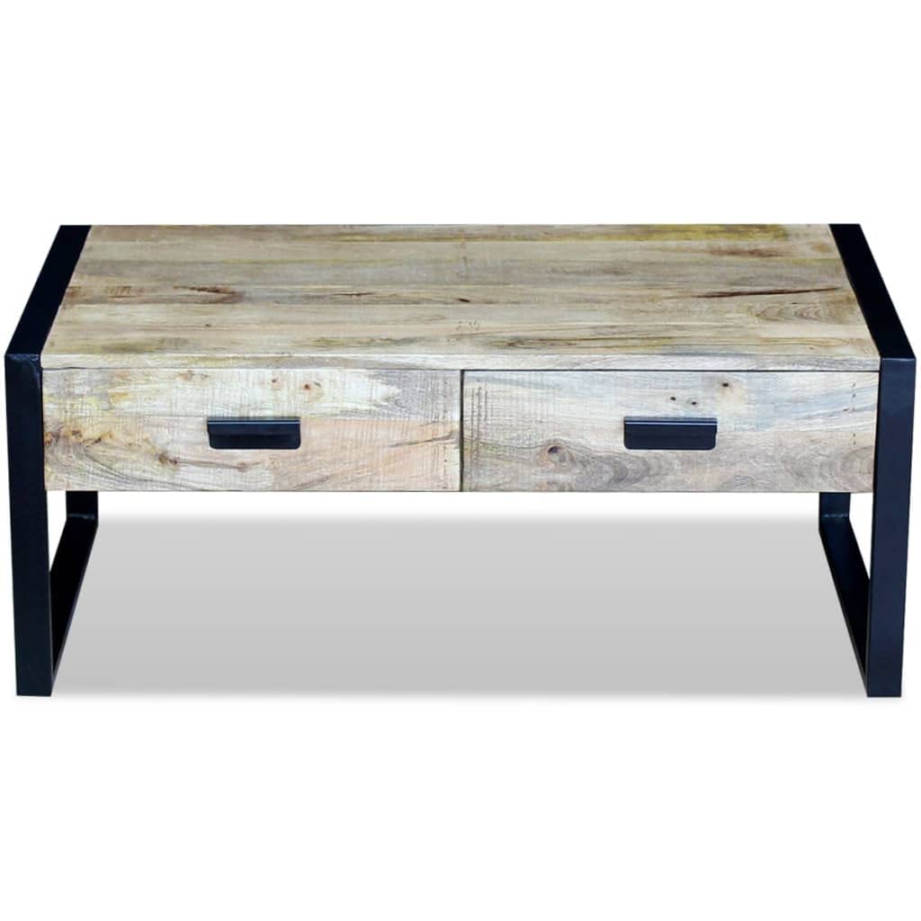 Couchtisch Massivholz Mango 100x60x40 cm - Rustikaler Wohnzimmertisch mit 2 Schubladen und Eisenbeinen, Retro Kaffeetisch aus Holz und Metall für das Wohnzimmer