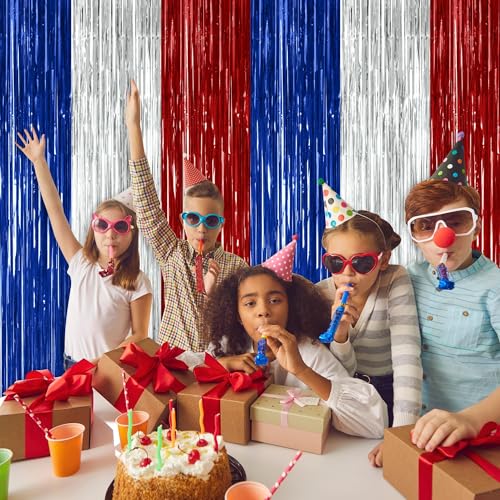 Image of ZATAYE 4 Pack Blue Silver Red Foil Curtain Streamer Decorations | Blue Silver Red, Metallic Foil, 3.28 x 7.05 FT, Tinsel Backdrop, Foil Curtain Streamer, Party Decorations