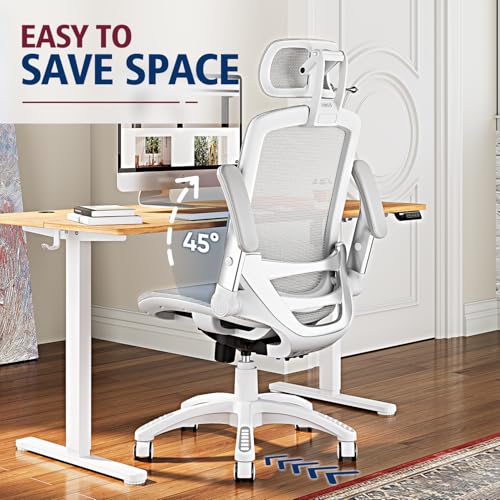 Image of GABRYLLY Ergonomic Office Chair, High Back Home Desk Chair with Headrest, Flip-Up Arms, 90-120 Tilt Lock and Wide Cushion, 300LBS Mesh Chairs for Man Woman, White Task Chair(Grey,GY01WG)