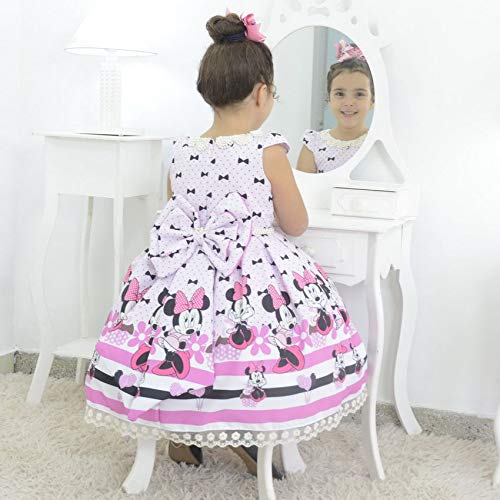 Vestido infantil tema Minnie Rosa com bordado em perolas