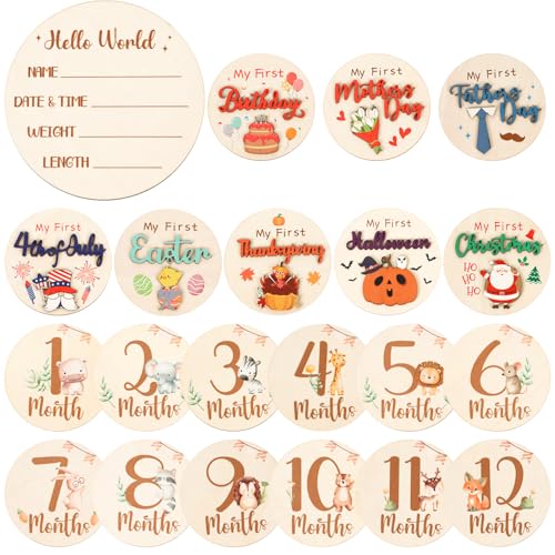 Image of Deorfuy Monthly Baby Milestone Signs, 11PCS Wooden My First Holiday Milestone Cards Newborn Gift, Baby Announcement and Hello World Newborn Sign