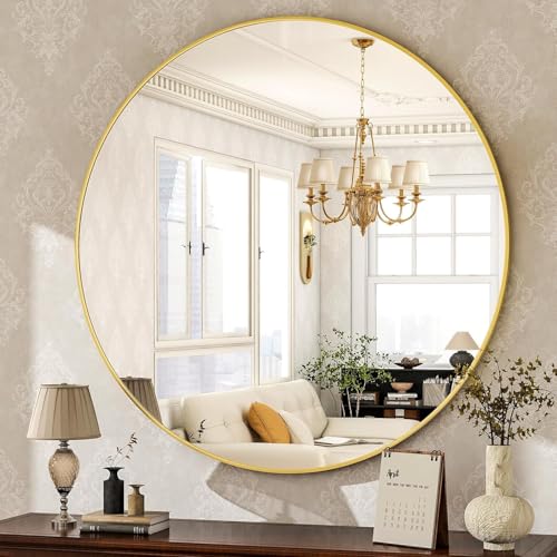Image of Round Wall Mirror with Durable Wooden Frame - 24 inch (Golden) | Modern Decorative Wall Hanging Mirror for Bathroom, Bedroom, Basin, Dressing Table, Entryway & Home Interior Decor